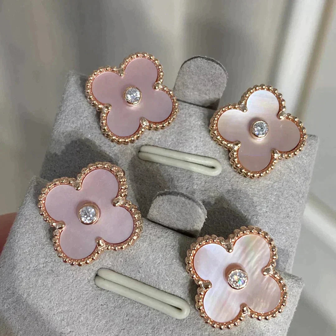 Miro CLOVER MEDIUM 1 MOTIFS PINK MOP DIAMOND EARRINGS