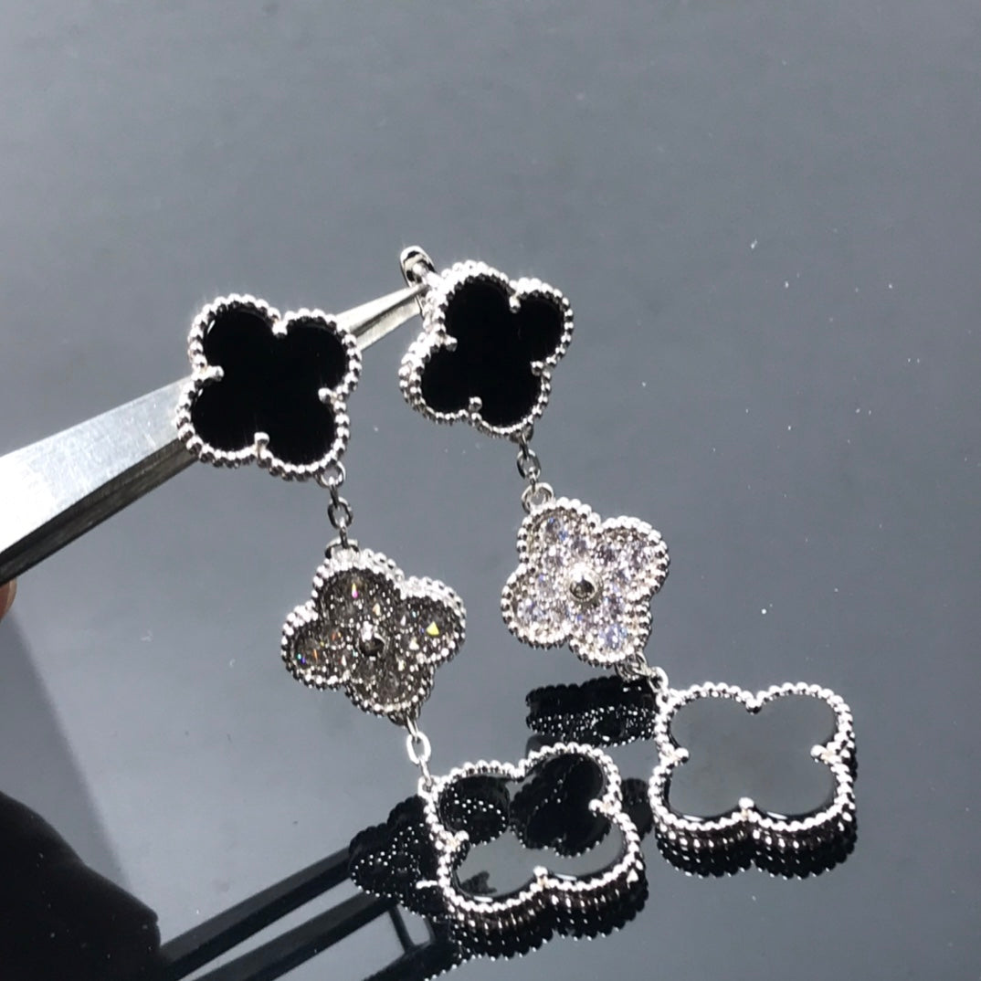 Miro CLOVER 3 MOTIF DIAMOND ONYX SILVER EARRINGS