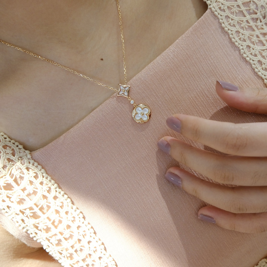 Miro STAR AND SUN WHITE MOP 2 MOTIF PINK GOLD NECKLACE