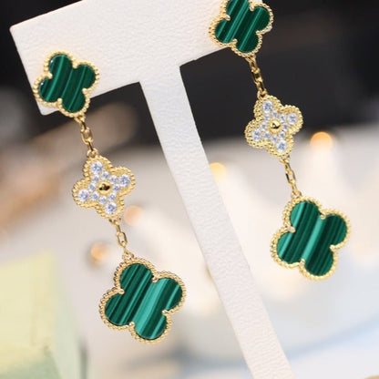 Miro CLOVER EARRINGS GOLD MALACHITE DIAMOND 3 MOTIF