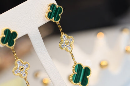 Miro CLOVER EARRINGS GOLD MALACHITE DIAMOND 3 MOTIF