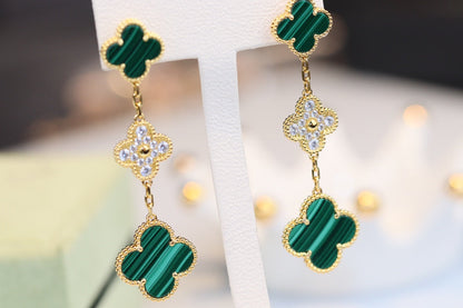 Miro CLOVER EARRINGS GOLD MALACHITE DIAMOND 3 MOTIF