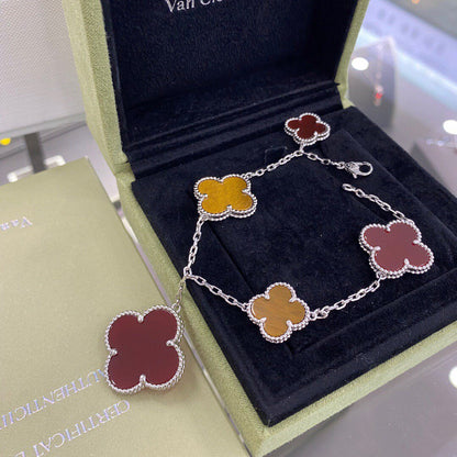 Miro CLOVER 5 MOTIFS SIVLER CARNELIAN TIGER EYE BRACELET