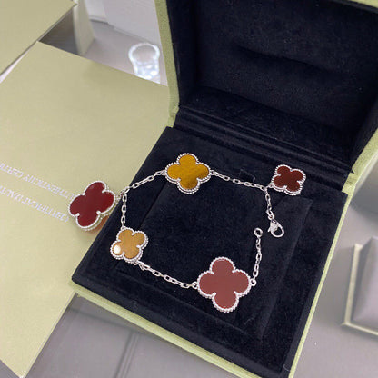 Miro CLOVER 5 MOTIFS SIVLER CARNELIAN TIGER EYE BRACELET
