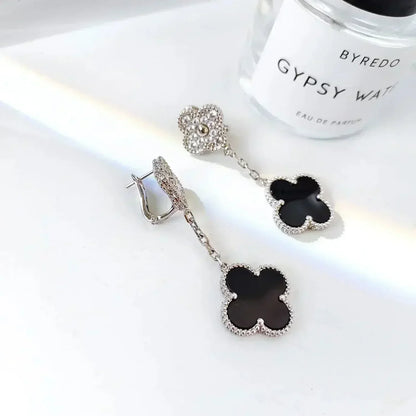 Miro CLOVER 2 MOTIFS  DIAMOND ONYX EARRINGS SILVER