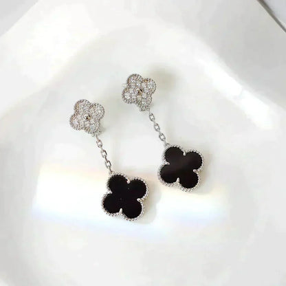 Miro CLOVER 2 MOTIFS  DIAMOND ONYX EARRINGS SILVER