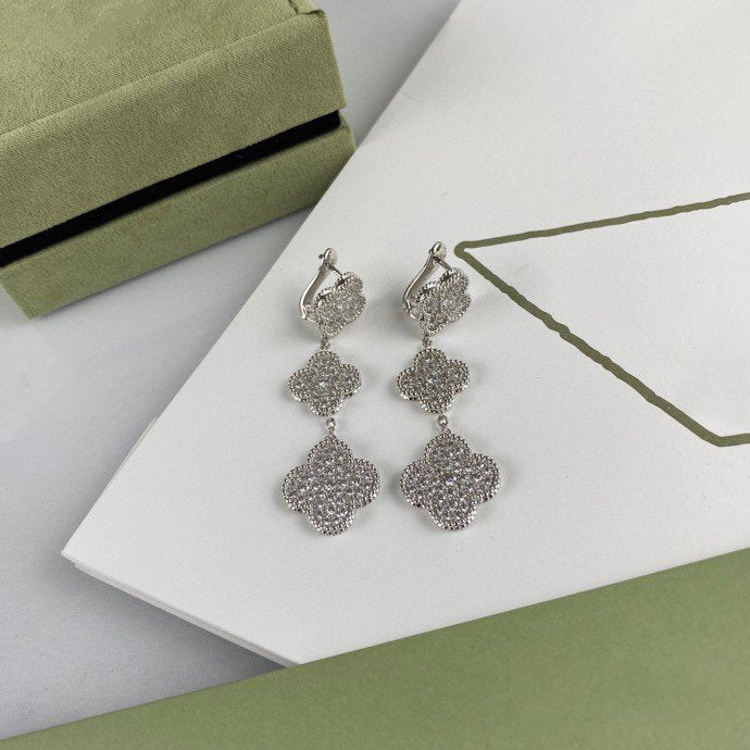 Miro CLOVER 3 MOTIF DIAMOND SILVER DROP EARRINGS