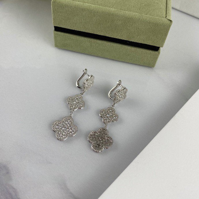 Miro CLOVER 3 MOTIF DIAMOND SILVER DROP EARRINGS