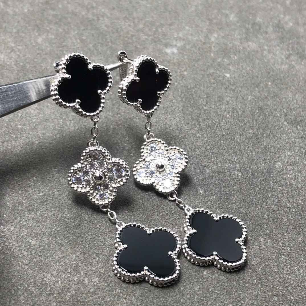 Miro CLOVER 3 MOTIF DIAMOND ONYX SILVER EARRINGS
