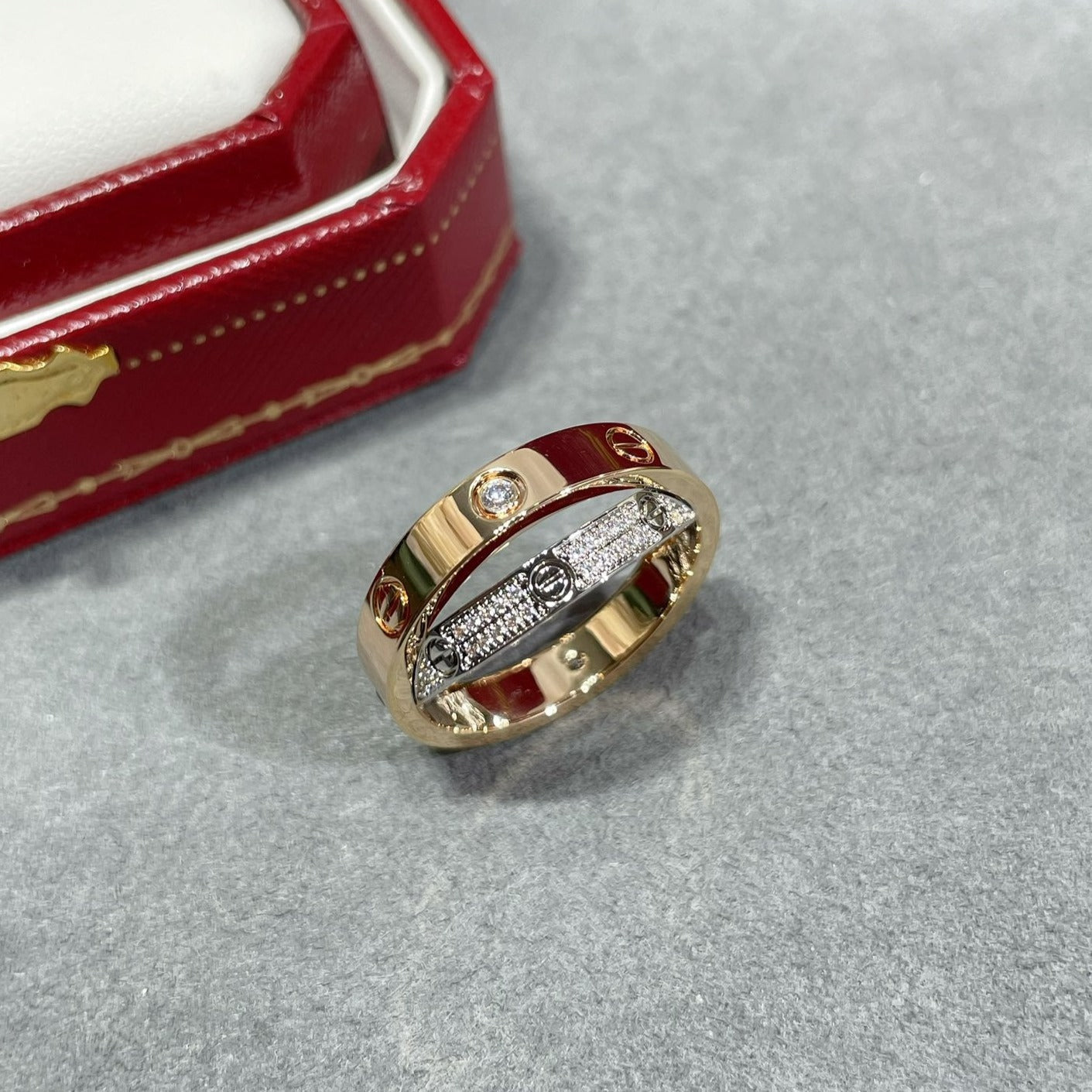 Miro LOVE PINK GOLD SILVER DIAMOND DOUBLE RING