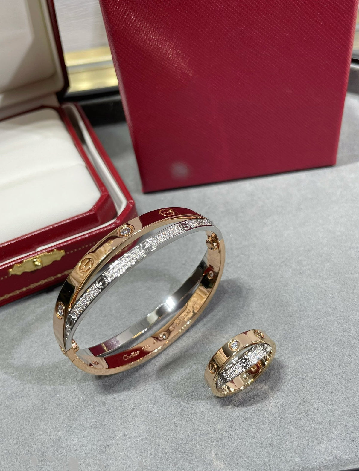 Miro LOVE PINK GOLD SILVER DIAMOND DOUBLE RING