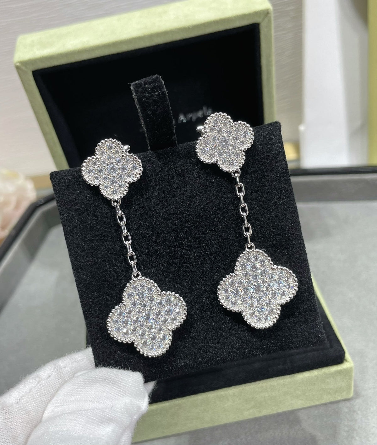 Miro CLOVER 2 MOTIFS DIAMOND PAVED SILVER EARRINGS