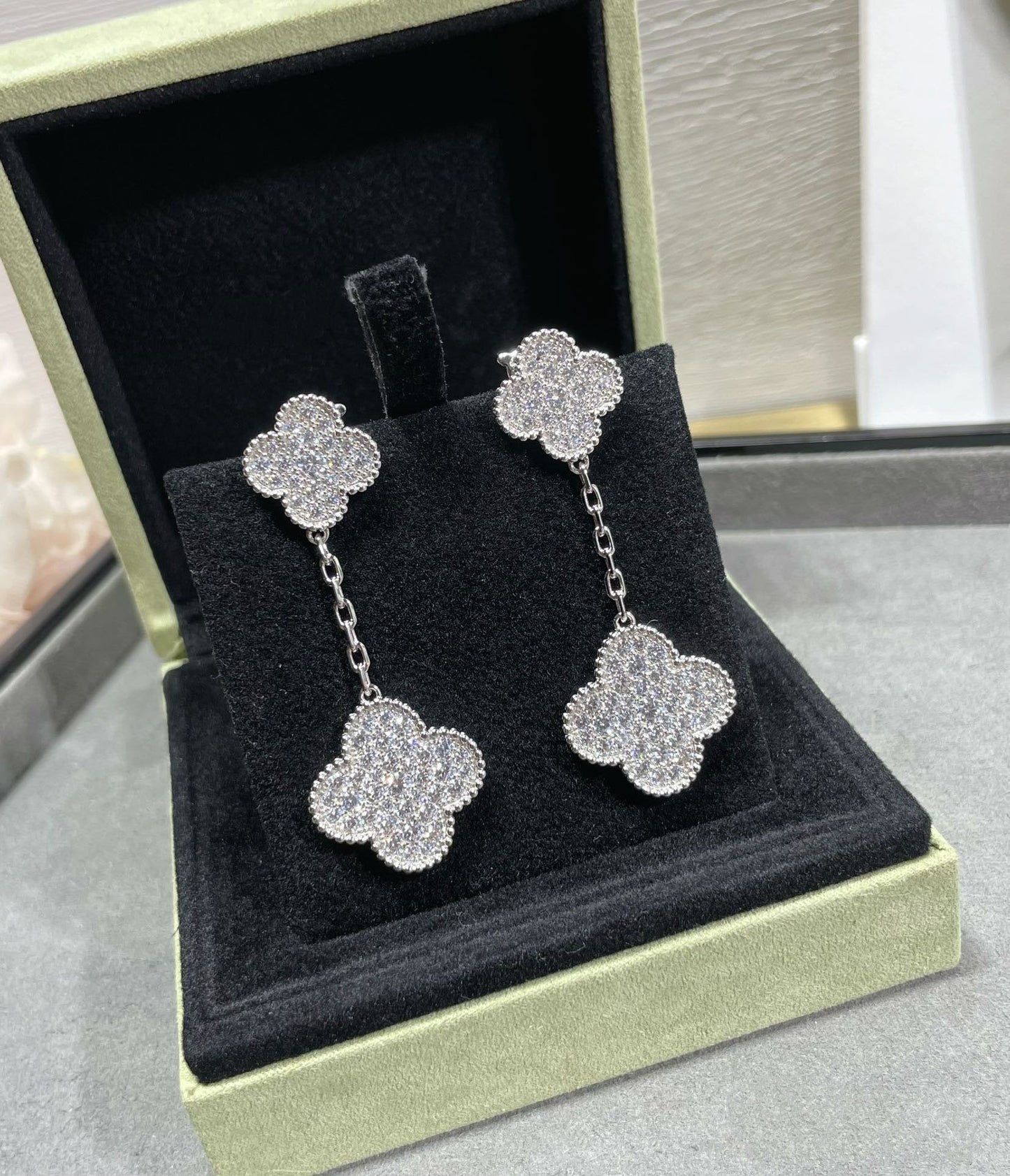 Miro CLOVER 2 MOTIFS DIAMOND PAVED SILVER EARRINGS