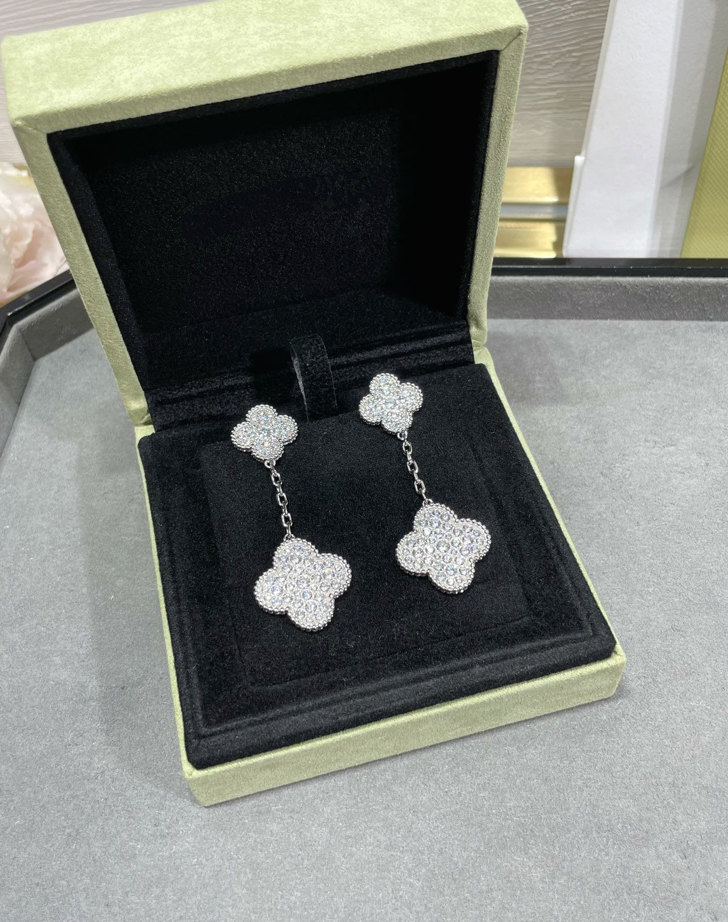 Miro CLOVER 2 MOTIFS DIAMOND PAVED SILVER EARRINGS
