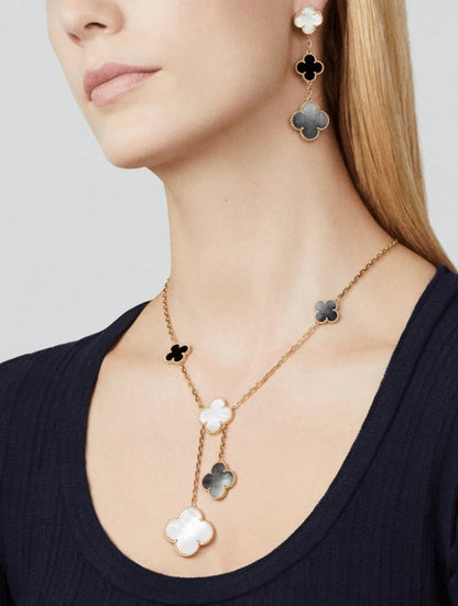 Miro CLOVER 3 MOTIF MOP ONYX DARK MOP PINK GOLD EARRINGS
