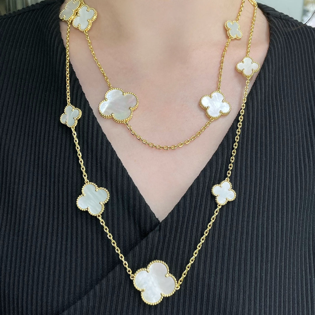 Miro CLOVER 16 MOTIF WHITE MOP GOLD NECKLACE