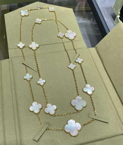 Miro CLOVER 16 MOTIF WHITE MOP GOLD NECKLACE