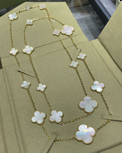 Miro CLOVER 16 MOTIF WHITE MOP GOLD NECKLACE