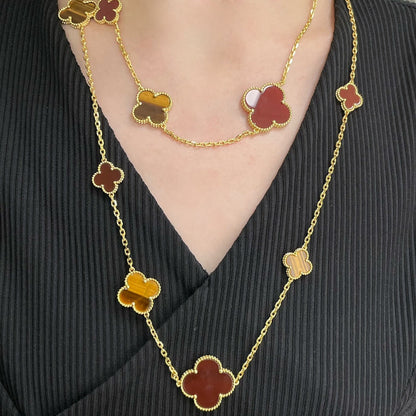 Miro CLOVER 16 MOTIF CARNELIAN TIGER EYE ROSE GOLD NECKLACE