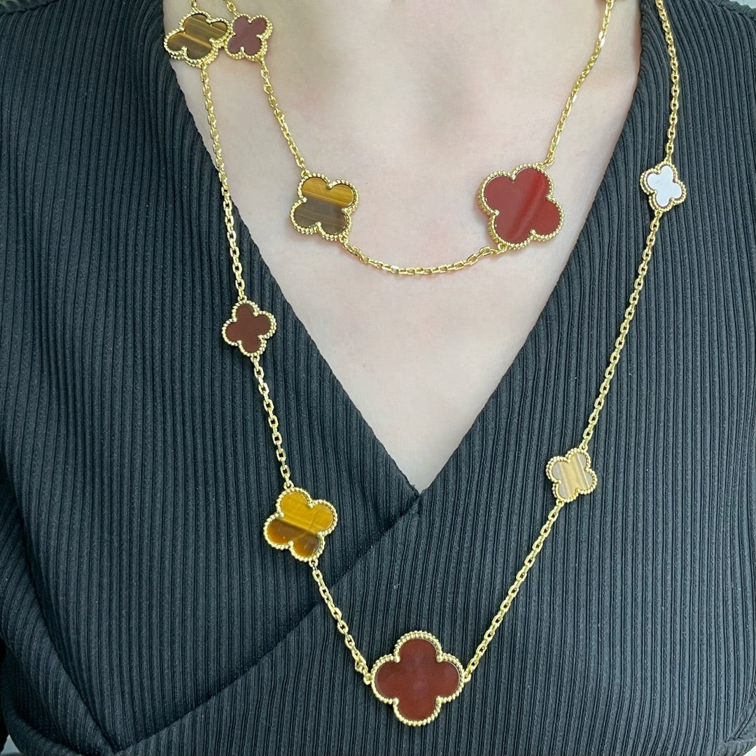 Miro CLOVER 16 MOTIF CARNELIAN TIGER EYE ROSE GOLD NECKLACE