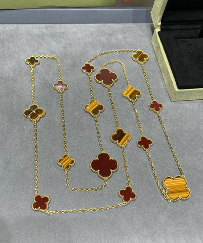 Miro CLOVER 16 MOTIF CARNELIAN TIGER EYE ROSE GOLD NECKLACE