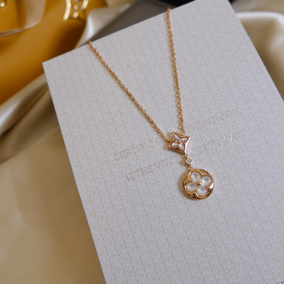 Miro STAR AND SUN WHITE MOP 2 MOTIF PINK GOLD NECKLACE