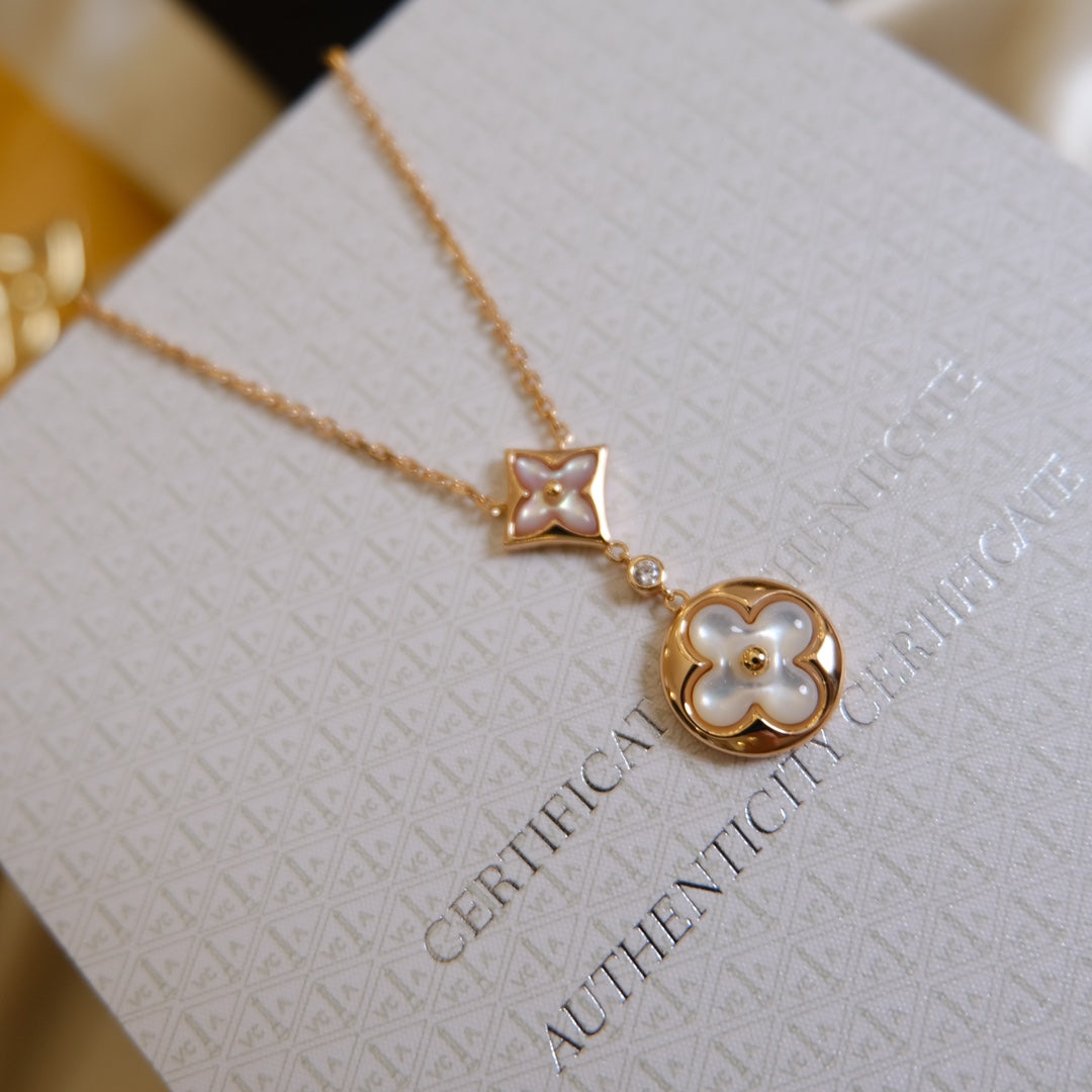 Miro STAR AND SUN WHITE MOP 2 MOTIF PINK GOLD NECKLACE