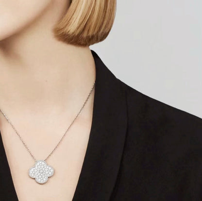 Miro CLOVER 25MM LARGE PENDANT DIAMOND PAVED SILVER NECKLACE