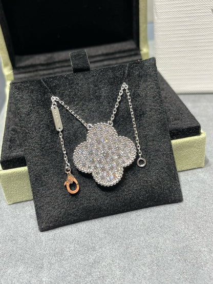 Miro CLOVER 25MM LARGE PENDANT DIAMOND PAVED SILVER NECKLACE