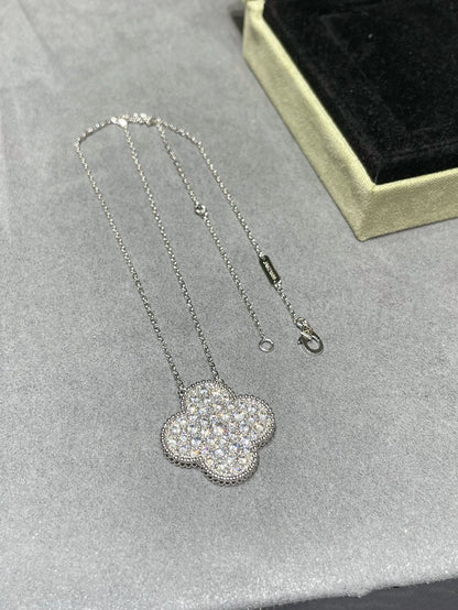 Miro CLOVER 25MM LARGE PENDANT DIAMOND PAVED SILVER NECKLACE