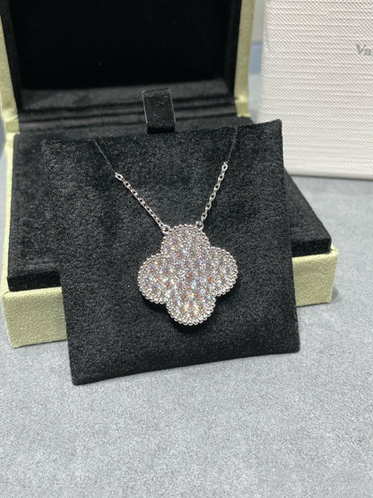Miro CLOVER 25MM LARGE PENDANT DIAMOND PAVED SILVER NECKLACE
