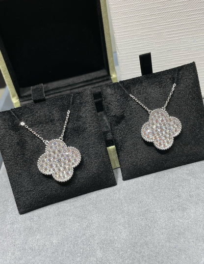 Miro CLOVER 25MM LARGE PENDANT DIAMOND PAVED SILVER NECKLACE