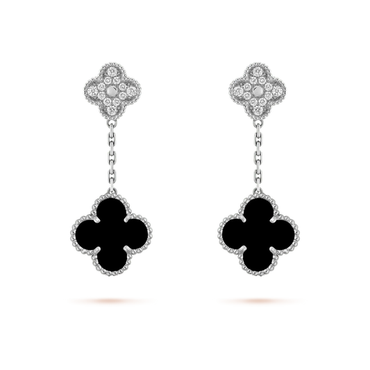 Miro CLOVER 2 MOTIFS  DIAMOND ONYX EARRINGS SILVER