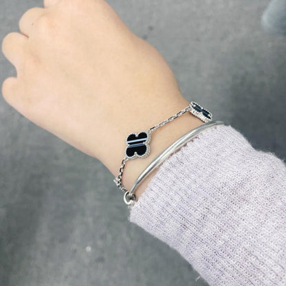 Miro CLOVER 5 MOTIF VEINED ONYX BRACELET SILVER