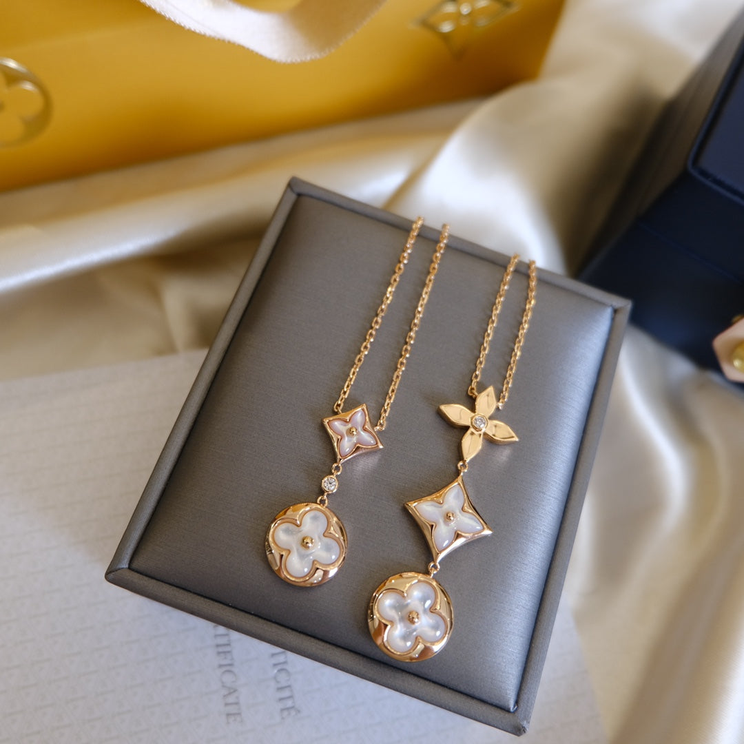 Miro COLOR BLOSSOM LARIAT NECKLACE PINK GOLD WHITE MOTHER PEARL AND DIAMOND