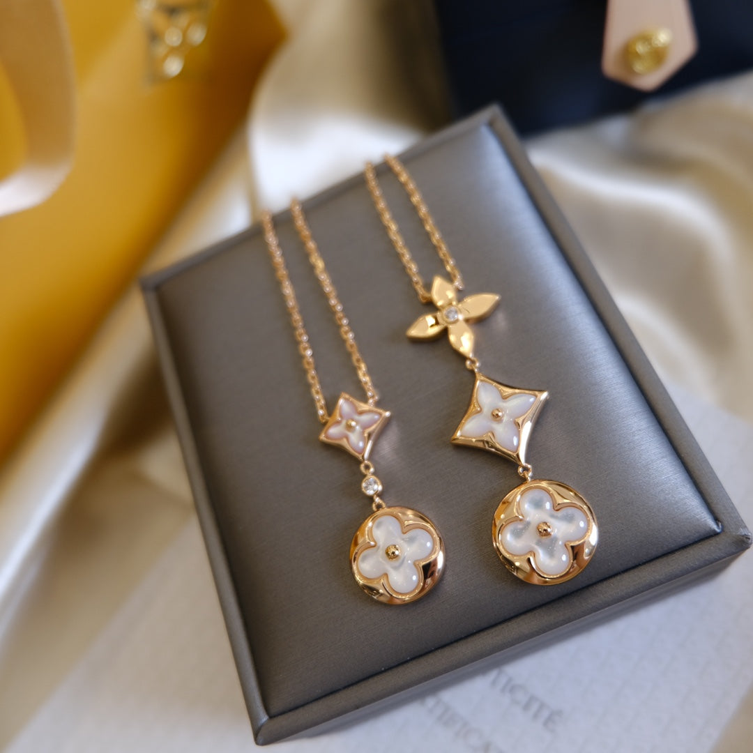 Miro COLOR BLOSSOM LARIAT NECKLACE PINK GOLD WHITE MOTHER PEARL AND DIAMOND