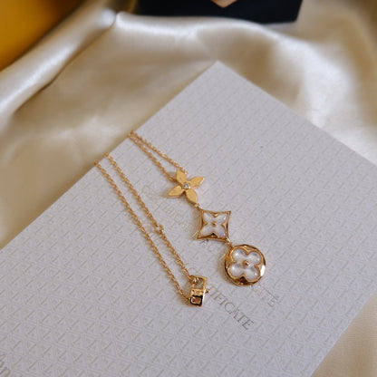 Miro COLOR BLOSSOM LARIAT NECKLACE PINK GOLD WHITE MOTHER PEARL AND DIAMOND