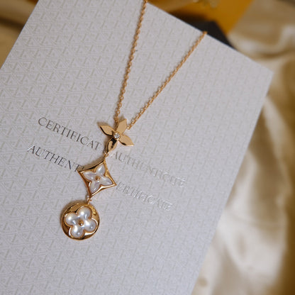 Miro COLOR BLOSSOM LARIAT NECKLACE PINK GOLD WHITE MOTHER PEARL AND DIAMOND