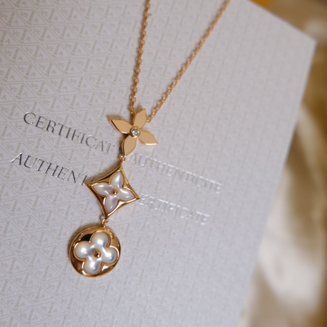 Miro COLOR BLOSSOM LARIAT NECKLACE PINK GOLD WHITE MOTHER PEARL AND DIAMOND