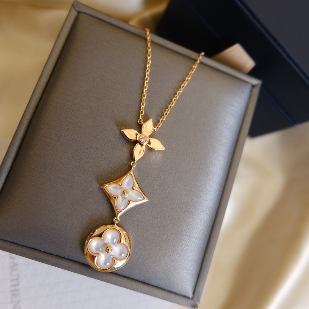 Miro COLOR BLOSSOM LARIAT NECKLACE PINK GOLD WHITE MOTHER PEARL AND DIAMOND