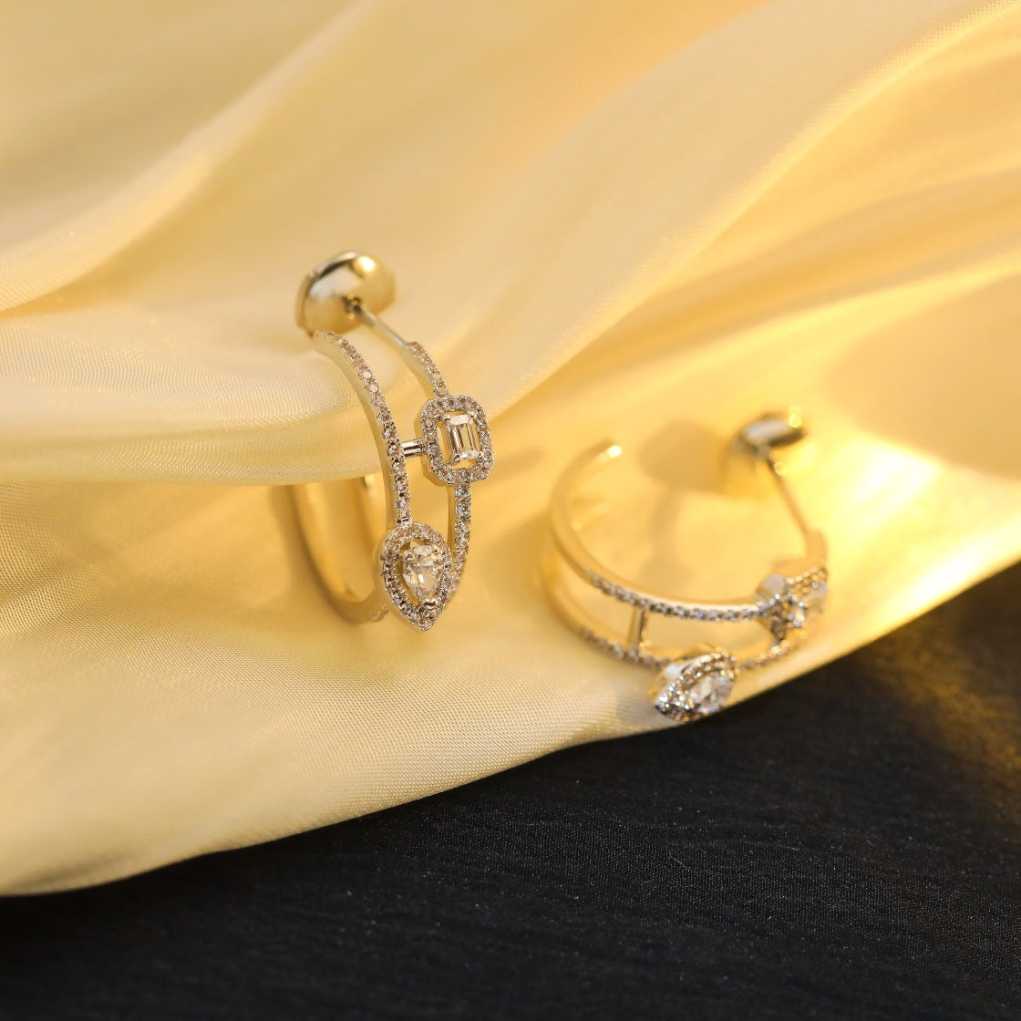 [Miro ] CREOLES MY TWIN 2 RANGS SILVER DIAMOND EARRINGS