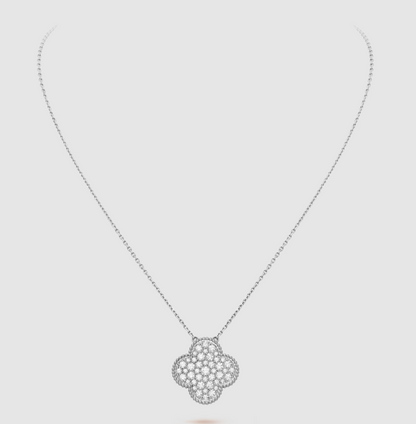 Miro CLOVER 25MM LARGE PENDANT DIAMOND PAVED SILVER NECKLACE