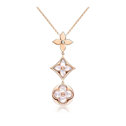 Miro COLOR BLOSSOM LARIAT NECKLACE PINK GOLD WHITE MOTHER PEARL AND DIAMOND
