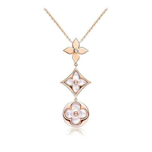 Miro COLOR BLOSSOM LARIAT NECKLACE PINK GOLD WHITE MOTHER PEARL AND DIAMOND