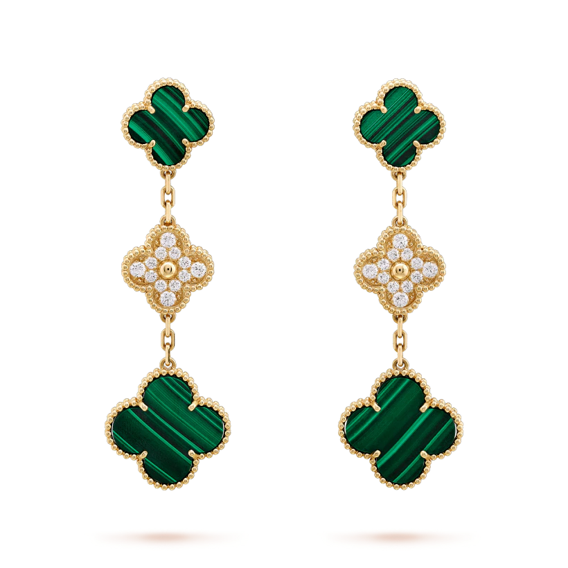 Miro CLOVER EARRINGS GOLD MALACHITE DIAMOND 3 MOTIF