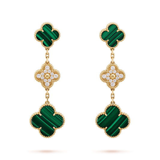 Miro CLOVER EARRINGS GOLD MALACHITE DIAMOND 3 MOTIF