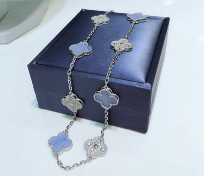 Miro CLOVER 10 MOTIFS CHALCEDONY DIAMONDS SILVER NECKLACE