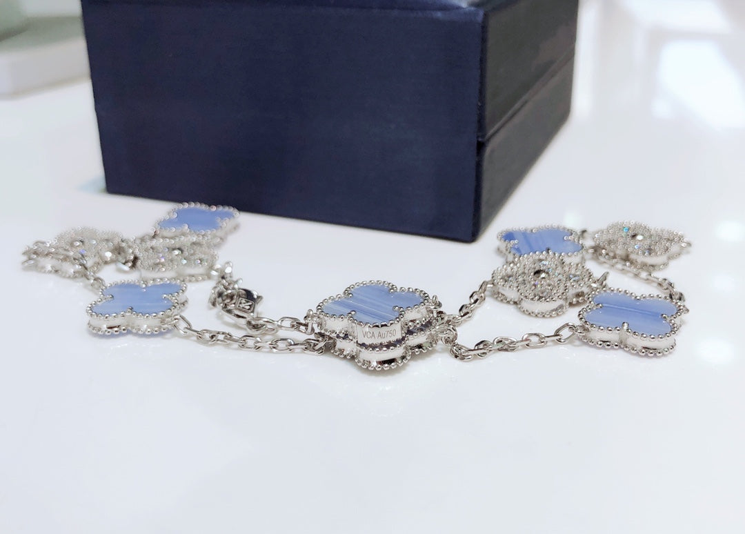 Miro CLOVER 10 MOTIFS CHALCEDONY DIAMONDS SILVER NECKLACE